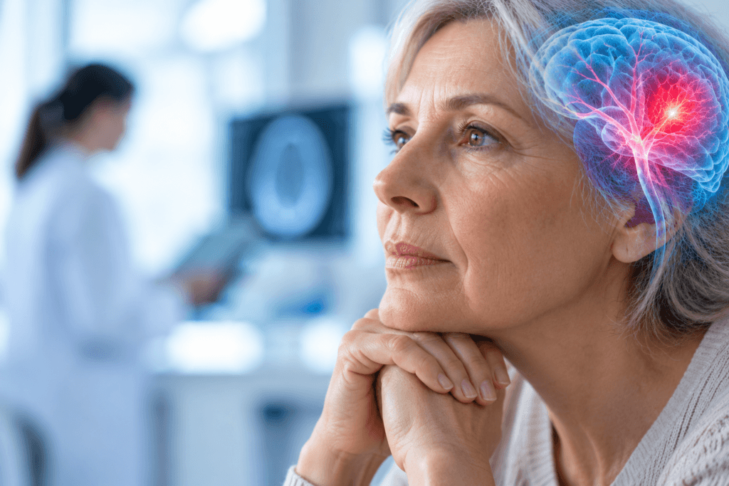 Mujer reflexiva con cerebro iluminado